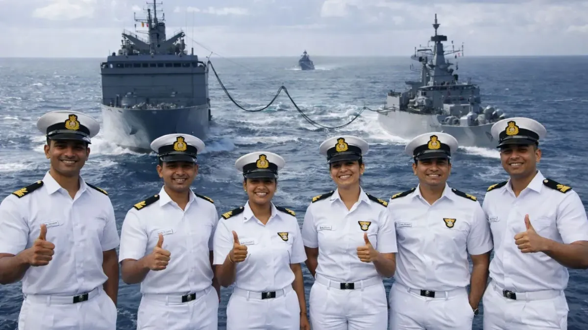 Six smiling naval officers, men and women in white uniforms, give a thumbs-up on deck with two ships conducting a replenishment at sea behind them